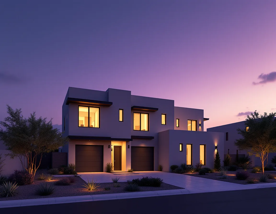 Exterior render of a desert townhome complex glowing at blue hour