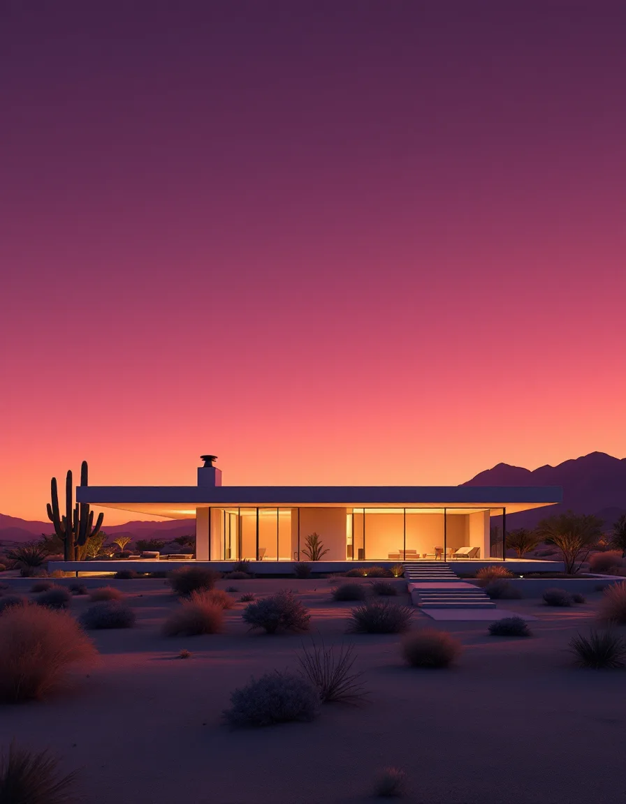 Photorealistic render of a modern desert villa glowing at golden hour