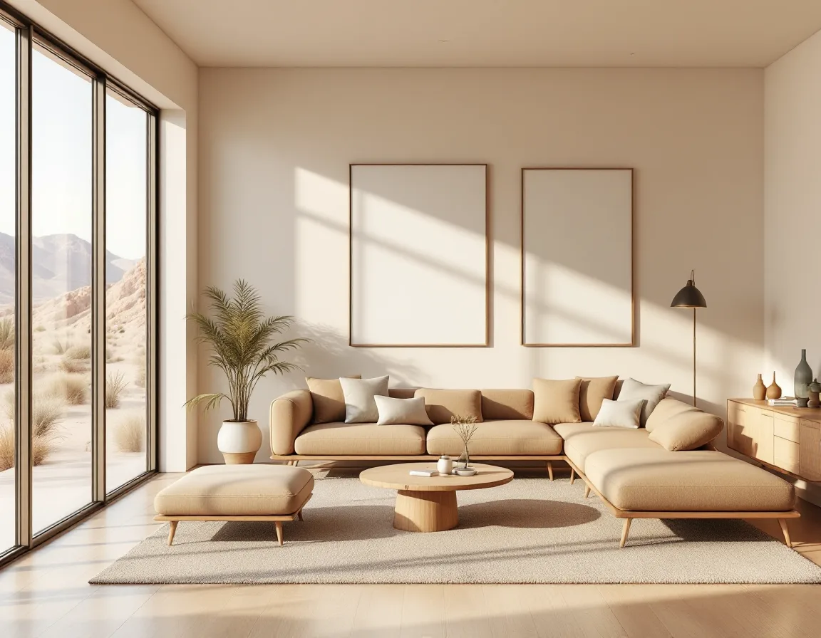 Interior render of a bright modern living space with desert views